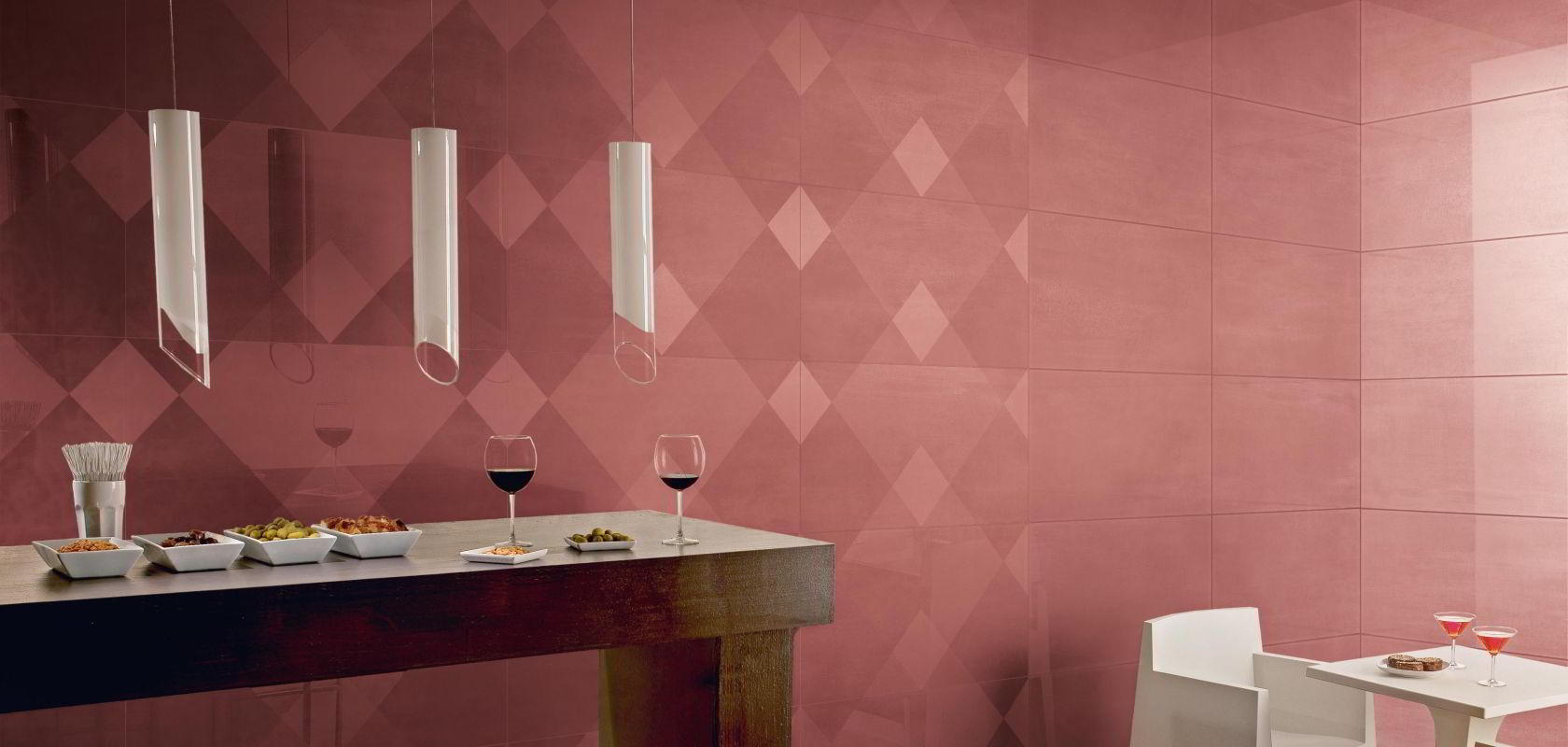 pink tiled wall eating area