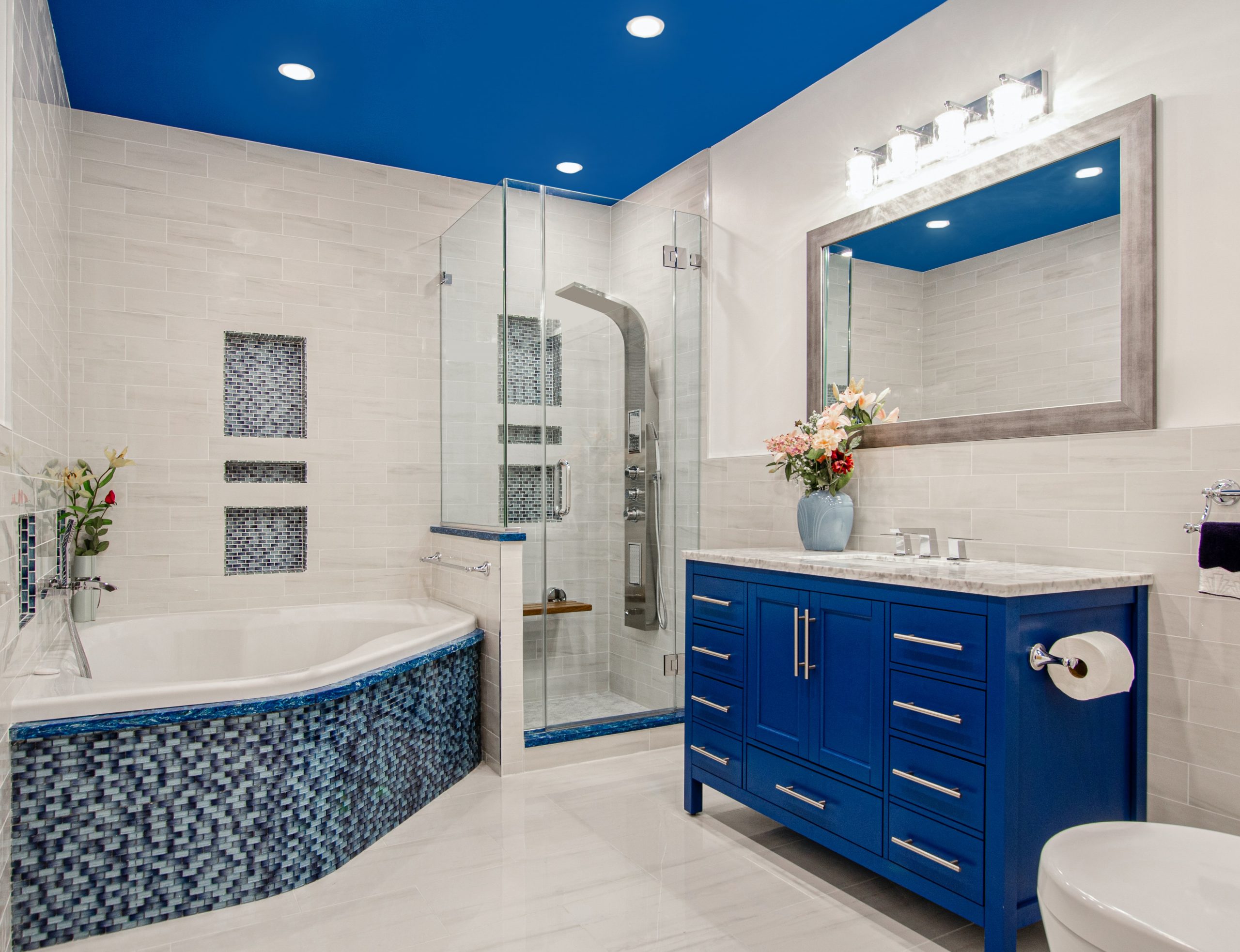 a blue themed bathroom