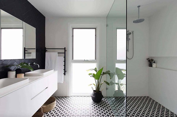 A black and white themed bathroom